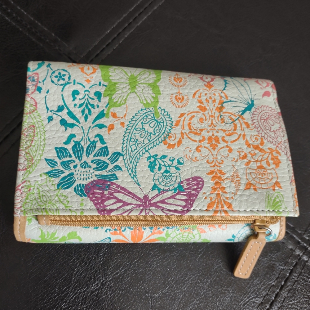 Fossil Genuine Leather Butterfly Floral Print Trifold Wallet - Picture 8 of 11
